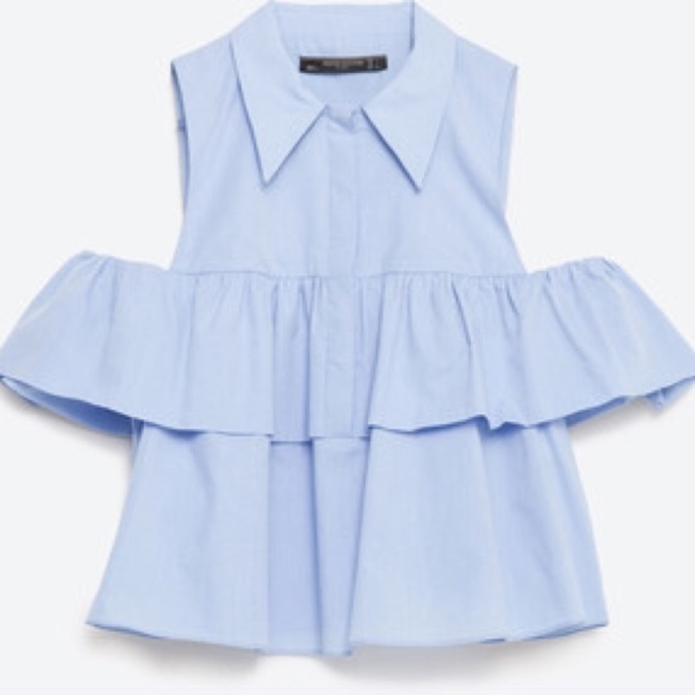 Zara blue poplin shoulder cutout button up top